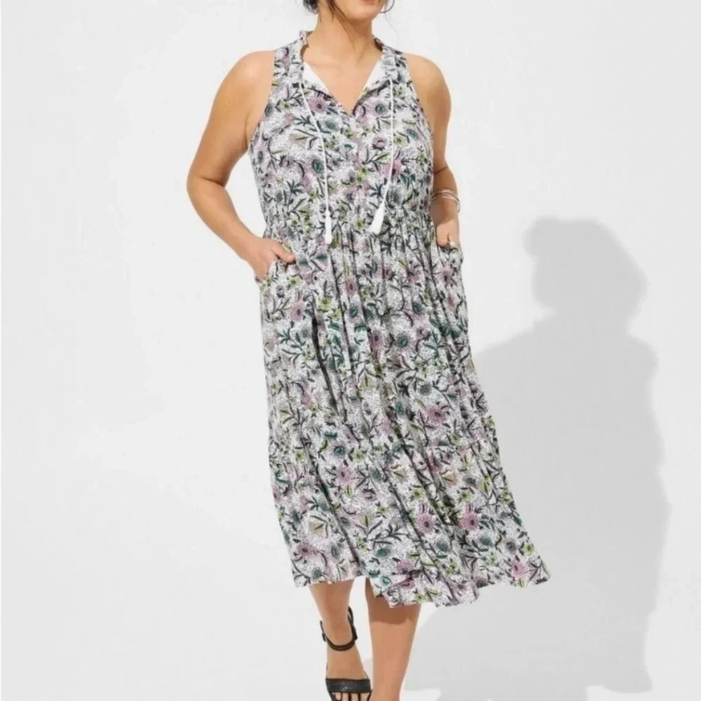 Torrid Midi Wash Gauze Layered Tiered Dress With Pockets Size 1 equals 1X
